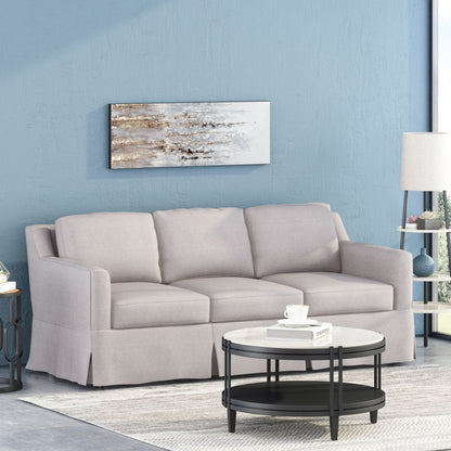 Light Beige 79 Striped Fabric 3-seater Recessed Arms Sofa with Skirt for Living Room
