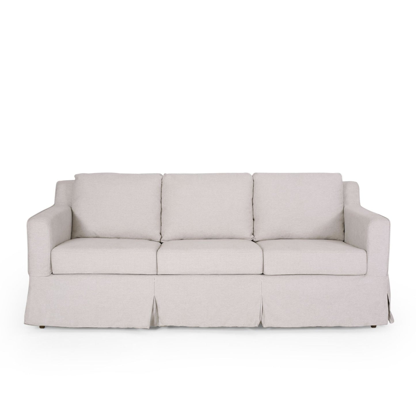 Light Beige 79 Striped Fabric 3-seater Recessed Arms Sofa with Skirt for Living Room