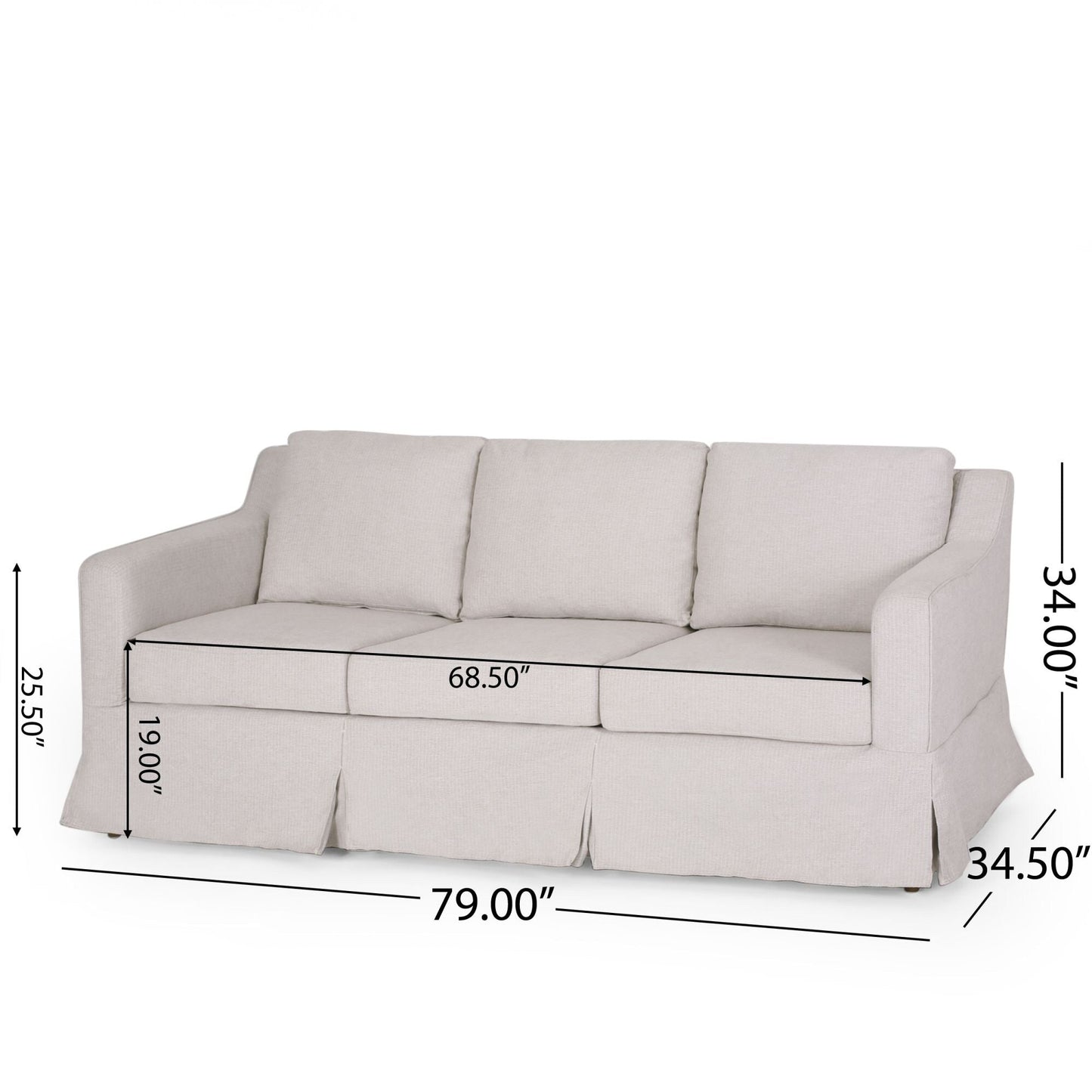 Light Beige 79 Striped Fabric 3-seater Recessed Arms Sofa with Skirt for Living Room