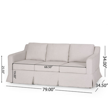 Light Beige 79 Striped Fabric 3-seater Recessed Arms Sofa with Skirt for Living Room