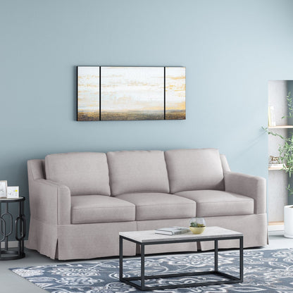 Light Beige 79 Striped Fabric 3-seater Recessed Arms Sofa with Skirt for Living Room