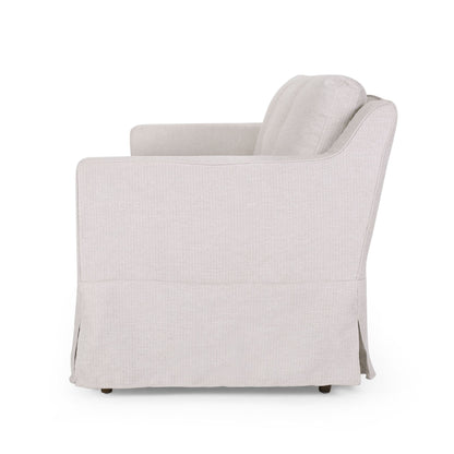 Light Beige 79 Striped Fabric 3-seater Recessed Arms Sofa with Skirt for Living Room