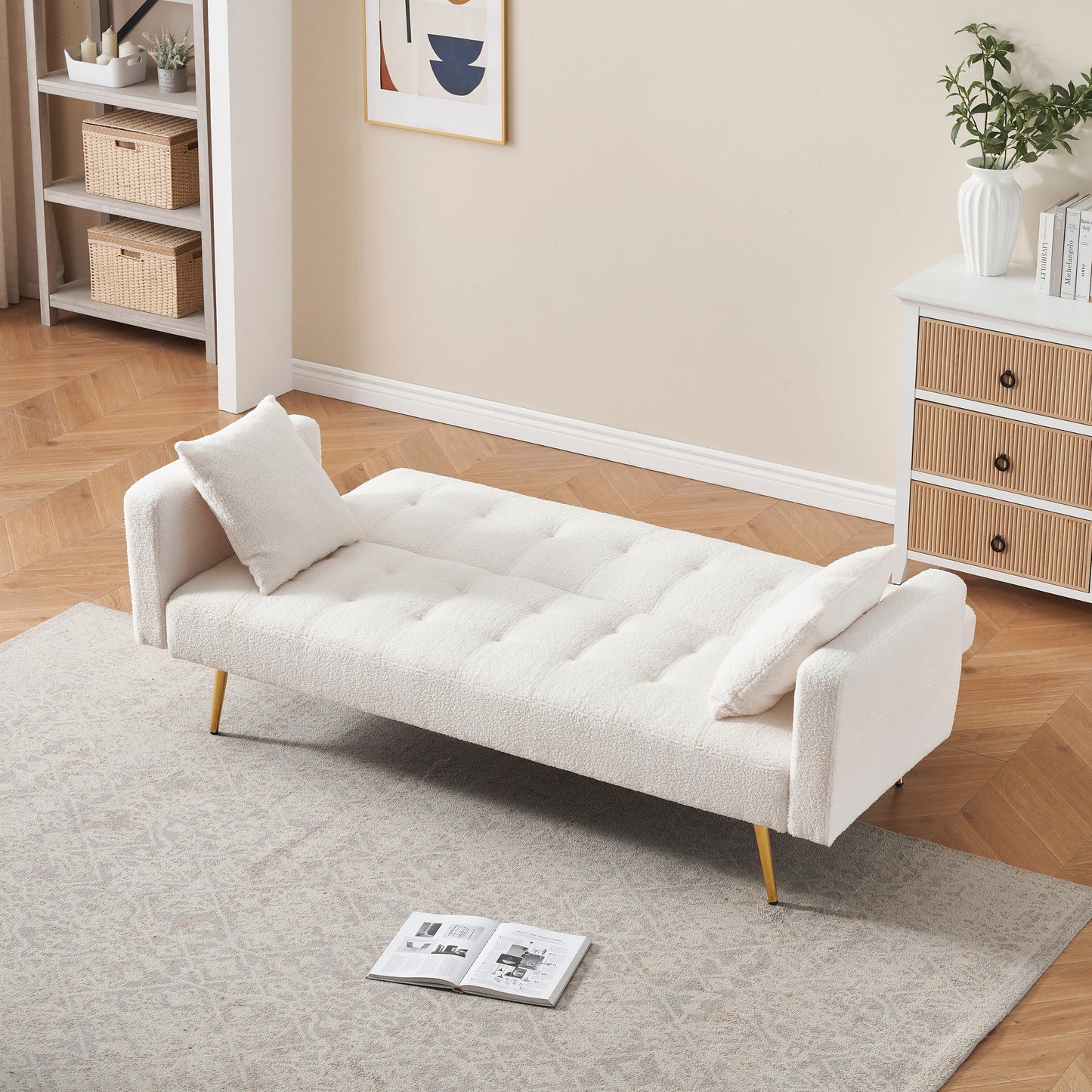 Light Beige Teddy Fleece Convertible Loveseat Sofa Bed