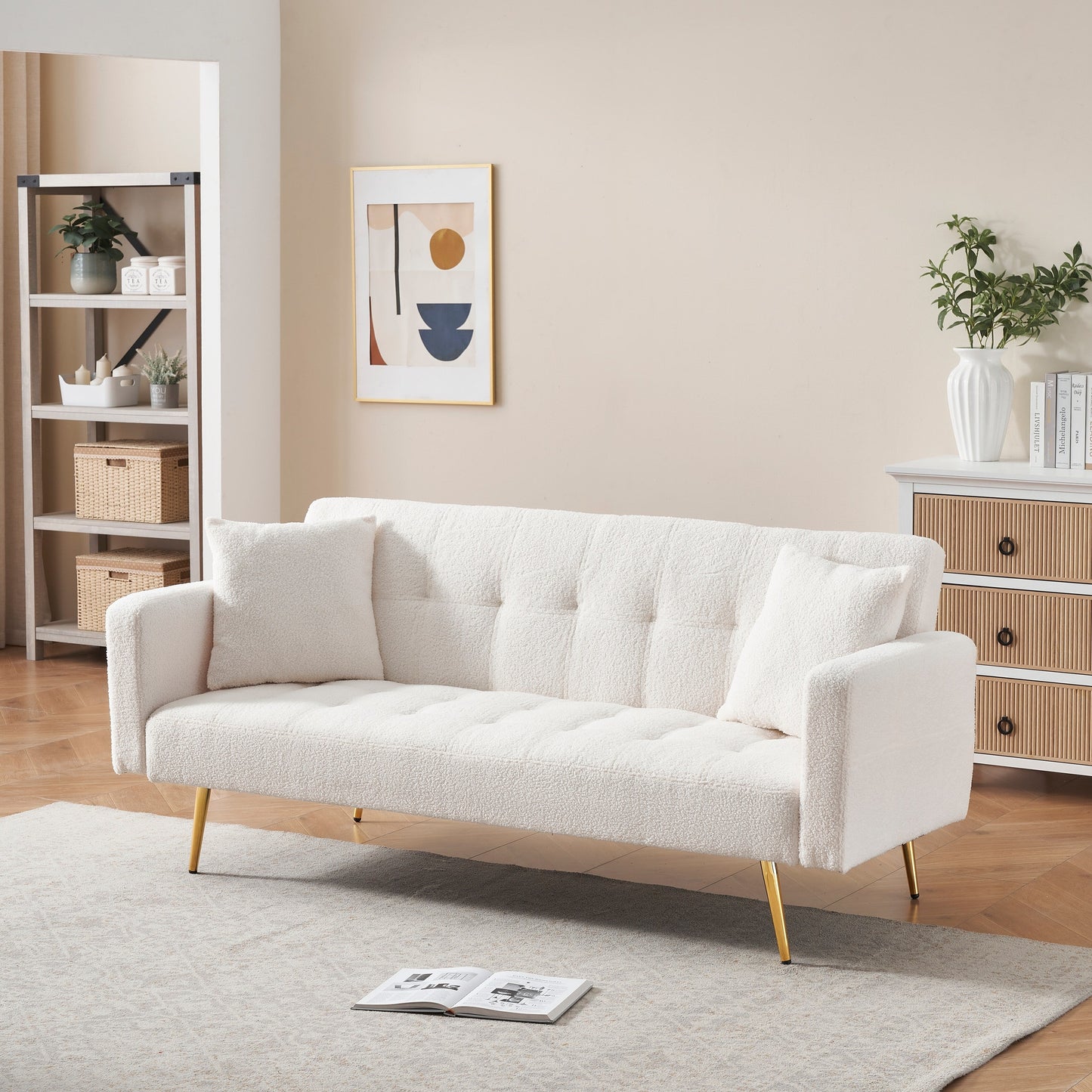 Light Beige Teddy Fleece Convertible Loveseat Sofa Bed