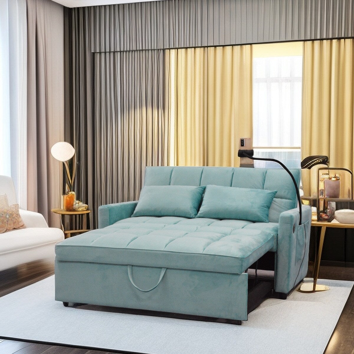 Light Blue Convertible Pullout Loveseat Sofa Bed with Phone Holder