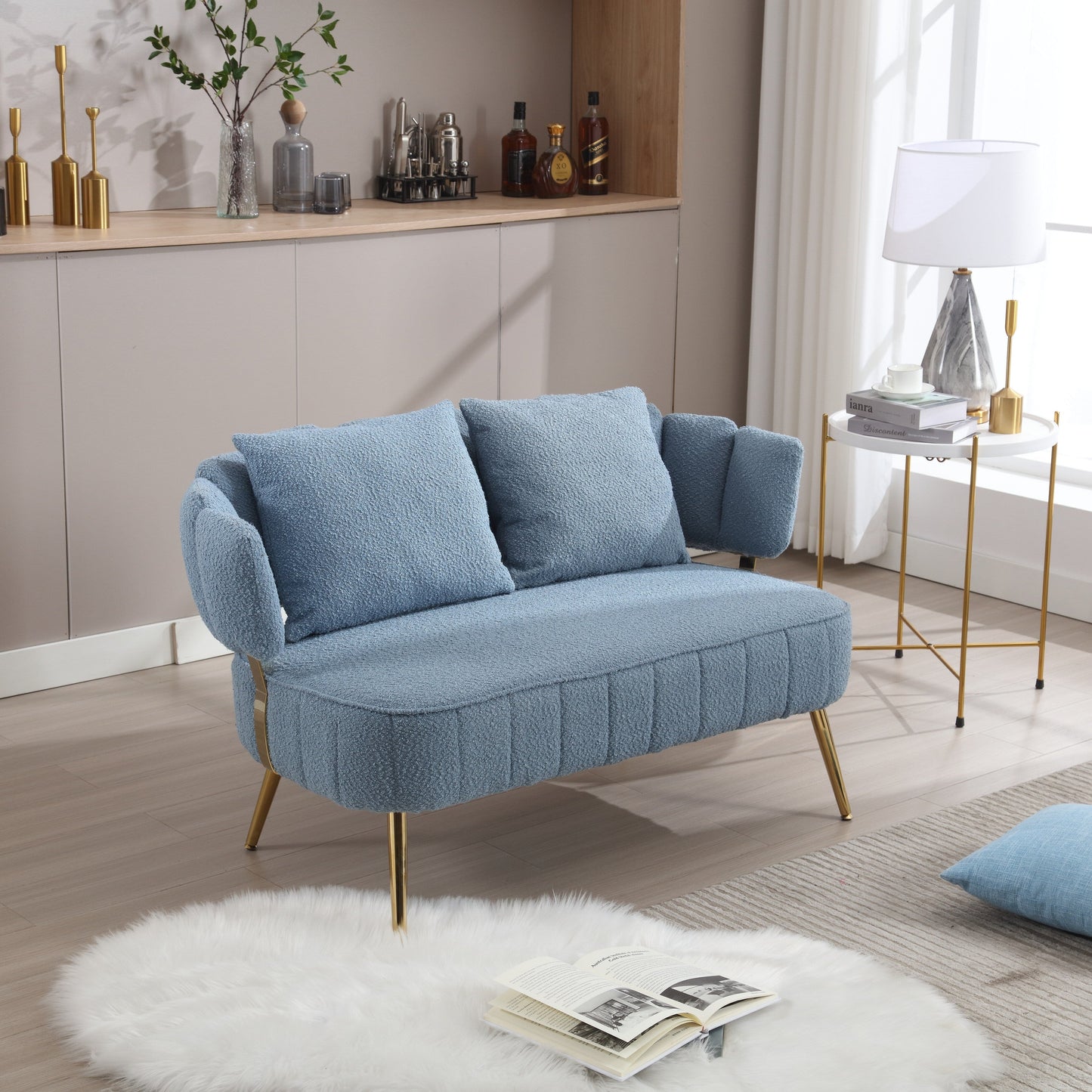 Light Blue Modern 51.97 Boucle Upholstered Loveseat Sofa with Metal Frame and Pillows for Living Room
