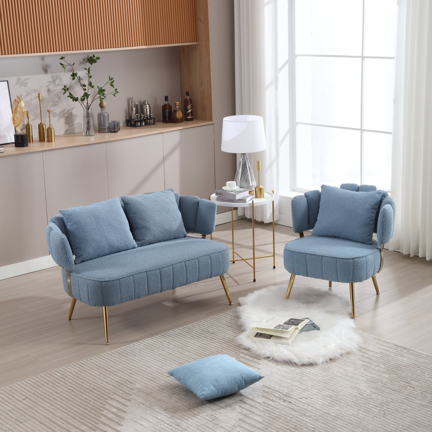Light Blue Modern 51.97 Boucle Upholstered Loveseat Sofa with Metal Frame and Pillows for Living Room