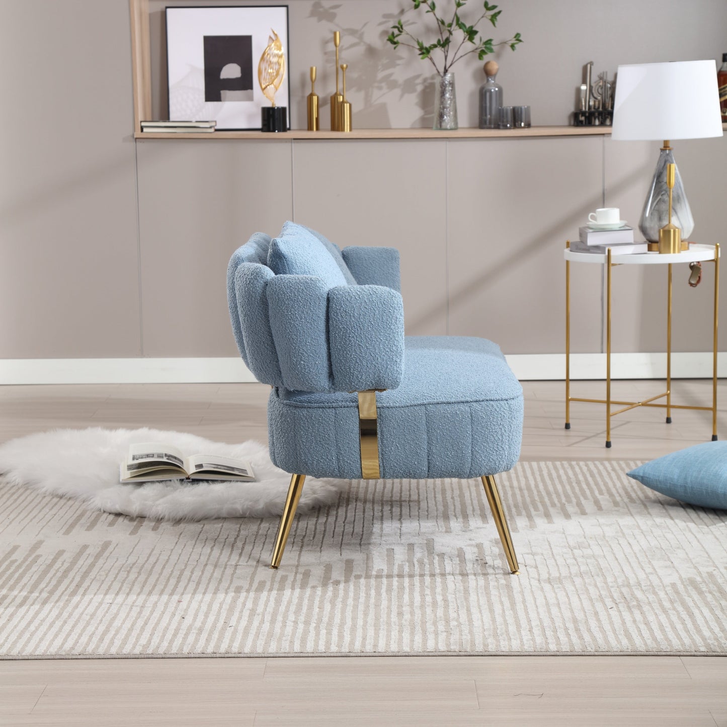 Light Blue Modern 51.97 Boucle Upholstered Loveseat Sofa with Metal Frame and Pillows for Living Room