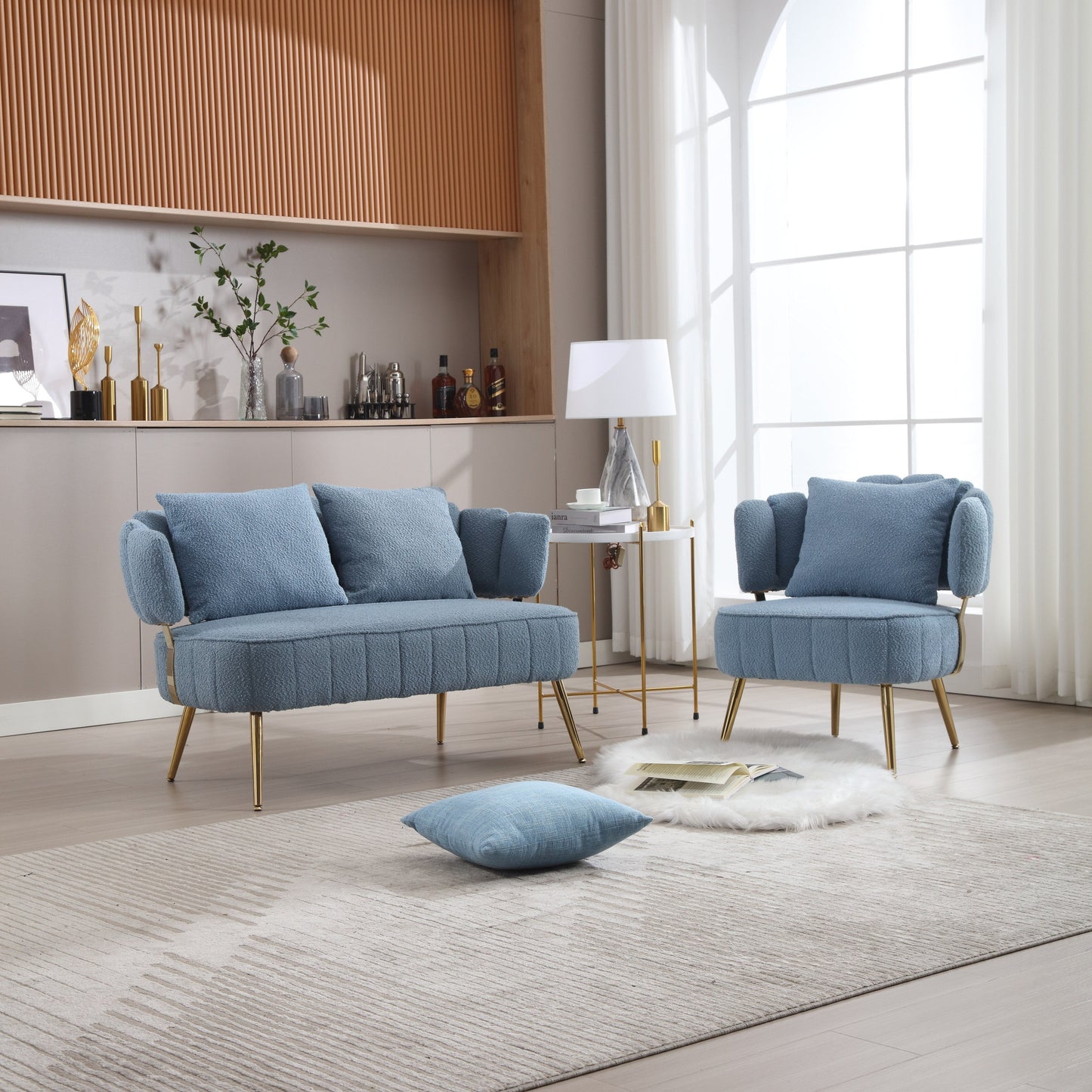 Light Blue Modern 51.97 Boucle Upholstered Loveseat Sofa with Metal Frame and Pillows for Living Room