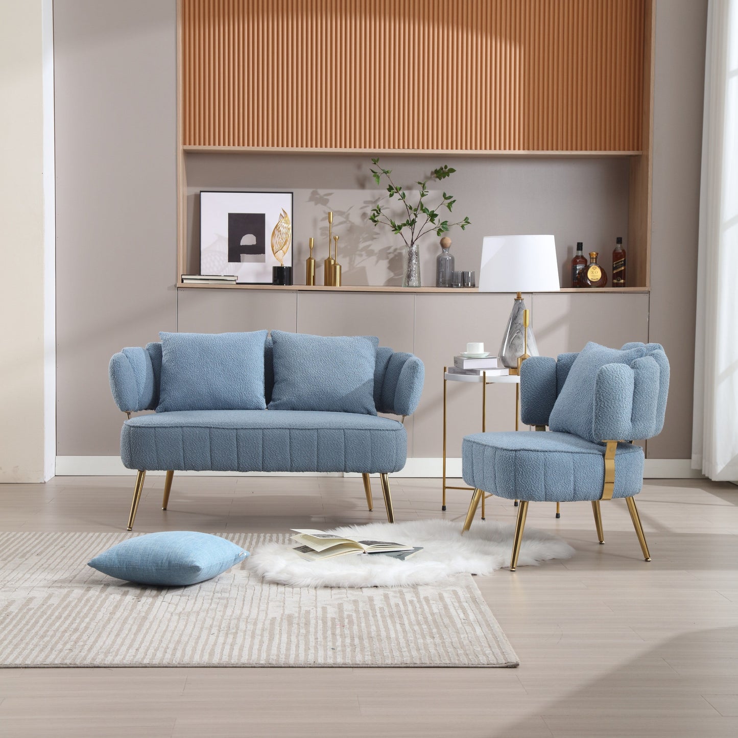Light Blue Modern 51.97 Boucle Upholstered Loveseat Sofa with Metal Frame and Pillows for Living Room