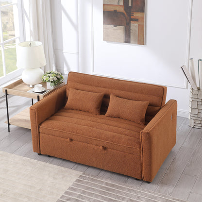 Light Brown 55.12 Boucle Loveseat Convertible Pull-Out Sofa Bed with Adjustable Back and 2 Waist Pillows for Living Room