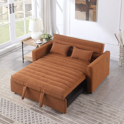 Light Brown 55.12 Boucle Loveseat Convertible Pull-Out Sofa Bed with Adjustable Back and 2 Waist Pillows for Living Room