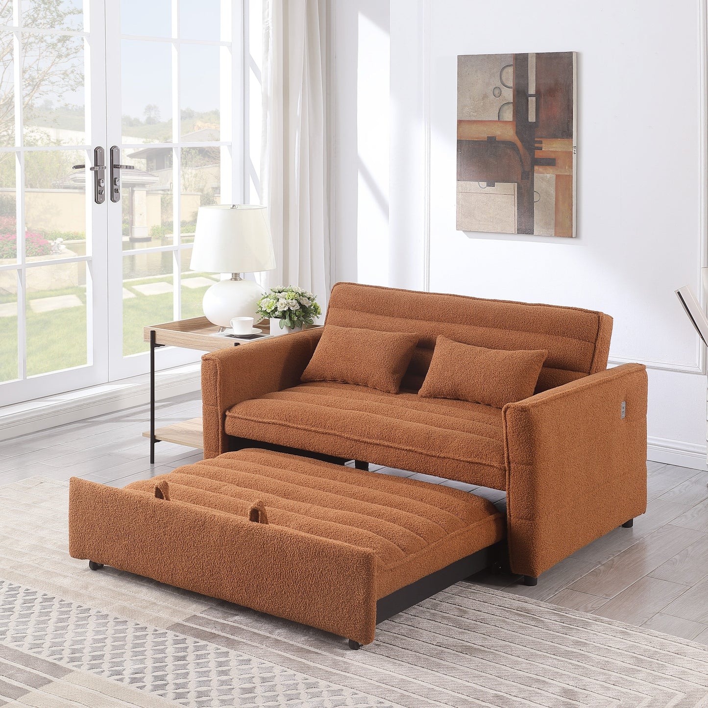 Light Brown 55.12 Boucle Loveseat Convertible Pull-Out Sofa Bed with Adjustable Back and 2 Waist Pillows for Living Room