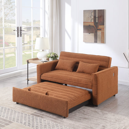 Light Brown 55.12 Boucle Loveseat Convertible Pull-Out Sofa Bed with Adjustable Back and 2 Waist Pillows for Living Room