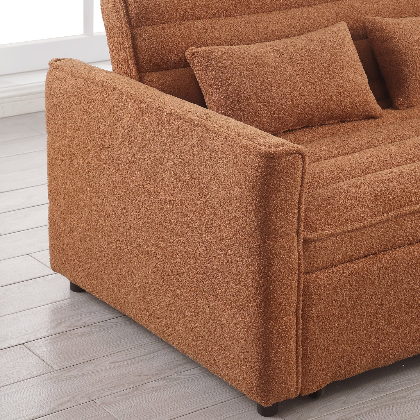Light Brown 55.12 Boucle Loveseat Convertible Pull-Out Sofa Bed with Adjustable Back and 2 Waist Pillows for Living Room