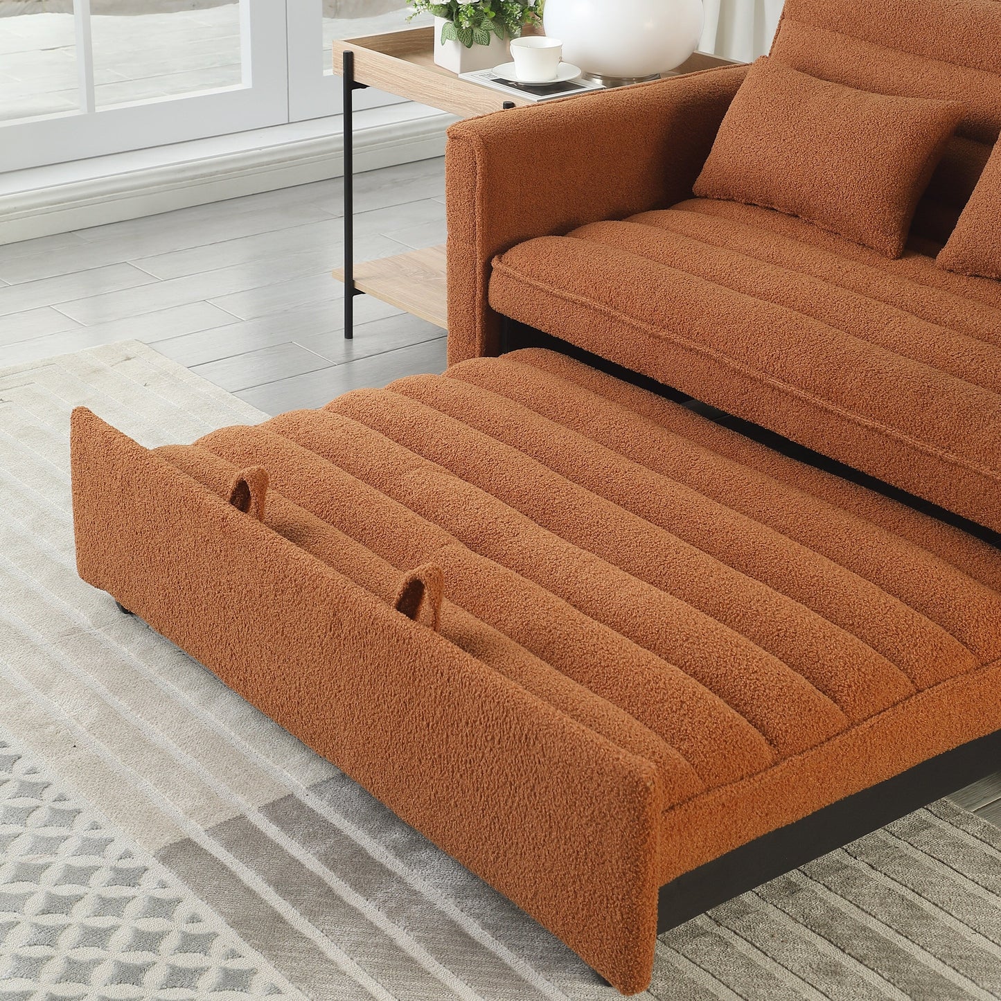 Light Brown 55.12 Boucle Loveseat Convertible Pull-Out Sofa Bed with Adjustable Back and 2 Waist Pillows for Living Room