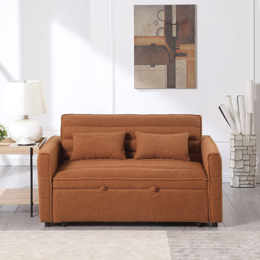 Light Brown 55.12 Boucle Loveseat Convertible Pull-Out Sofa Bed with Adjustable Back and 2 Waist Pillows for Living Room