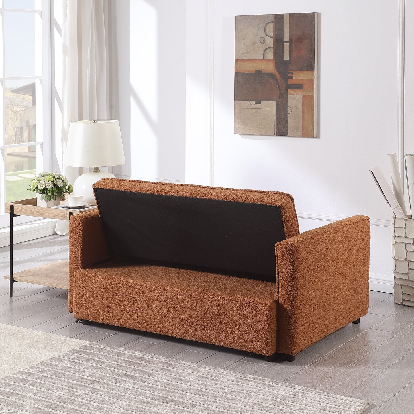 Light Brown 55.12 Boucle Loveseat Convertible Pull-Out Sofa Bed with Adjustable Back and 2 Waist Pillows for Living Room