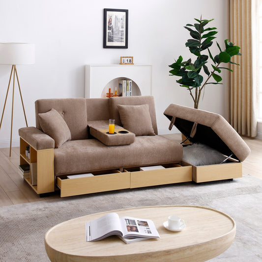 Light Brown 84.65 Cotton Linen Convertible 3-seater Sleeper Sofa Bed with Storage Ottoman, Drop Down Table, 2 Drawers
