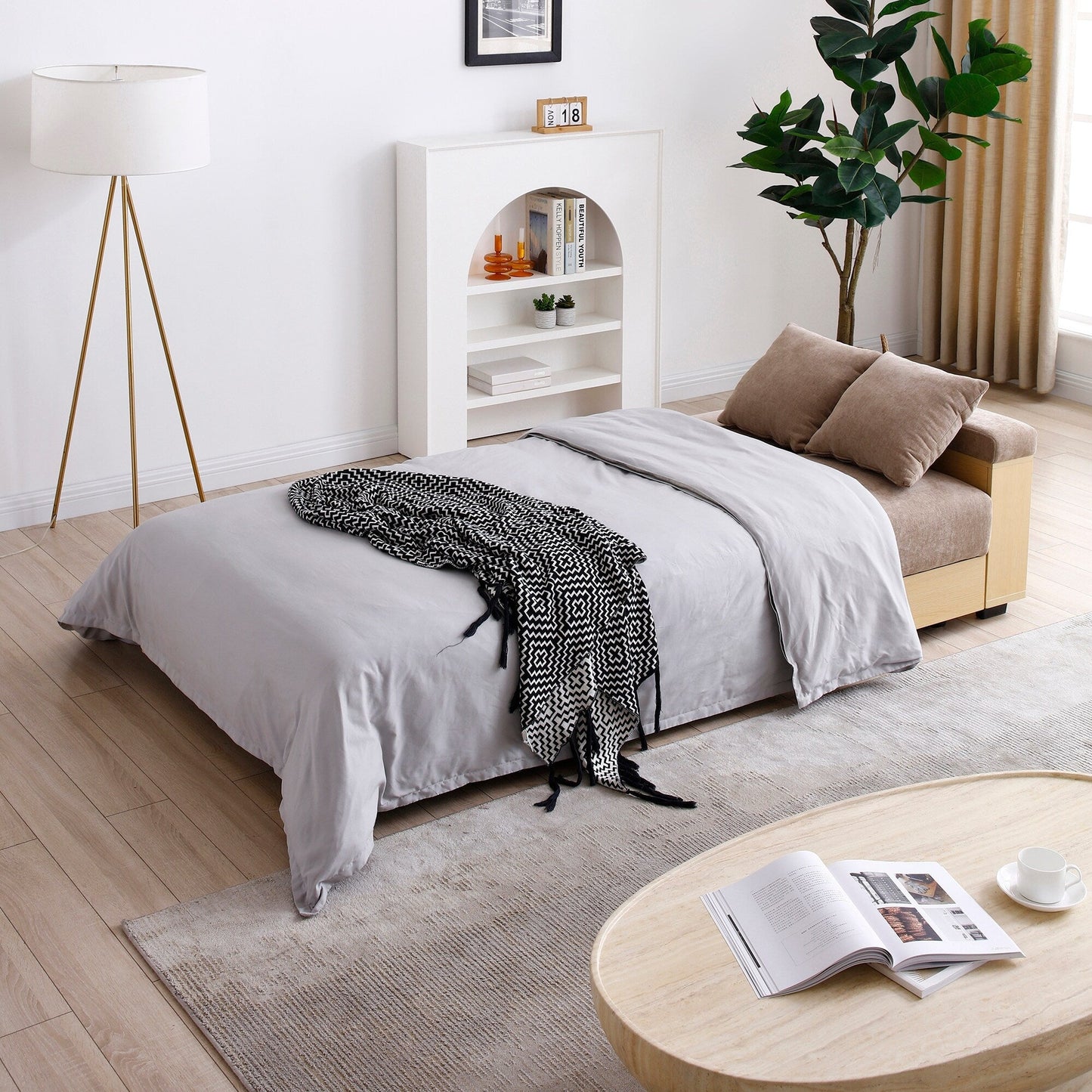 Light Brown 84.65 Cotton Linen Convertible 3-seater Sleeper Sofa Bed with Storage Ottoman, Drop Down Table, 2 Drawers