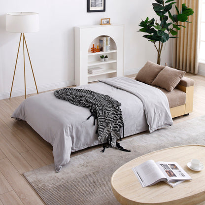 Light Brown 84.65 Cotton Linen Convertible 3-seater Sleeper Sofa Bed with Storage Ottoman, Drop Down Table, 2 Drawers
