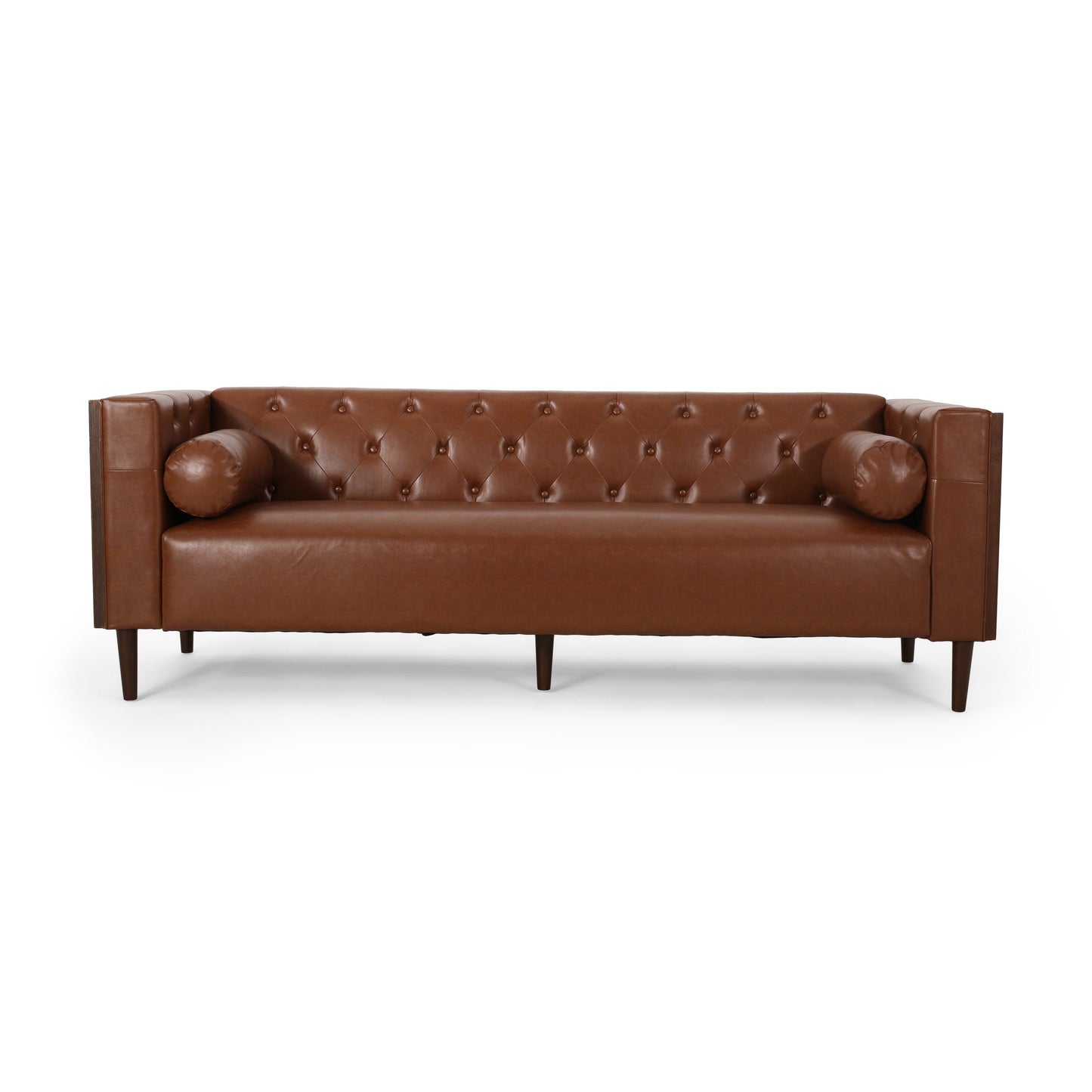 Light Brown 90 Faux Leather Button Tufted 3-seater Sofa with Birch Wood Legs for Living Room