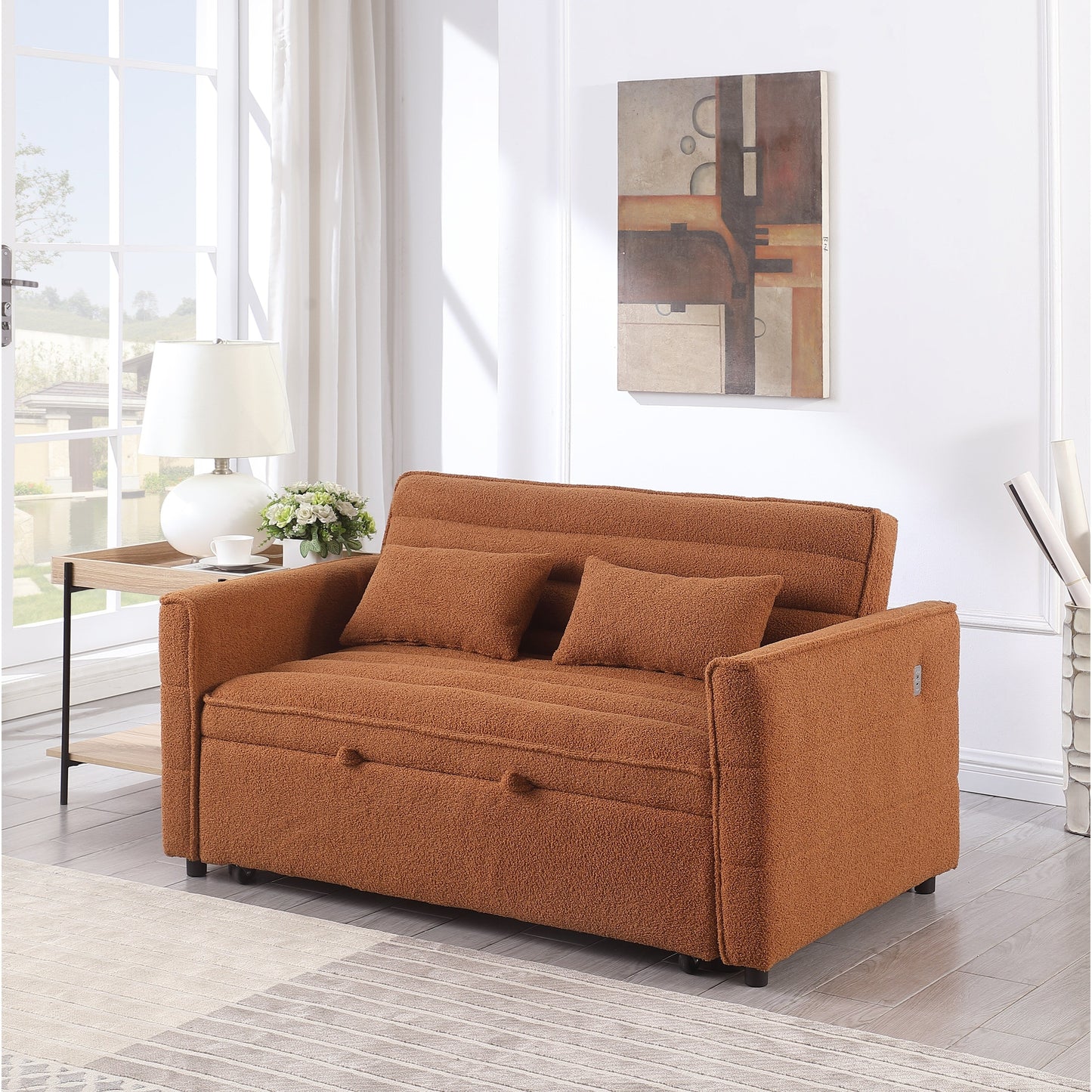 Light Brown Boucle Loveseat Convertible Pull-Out Sofa Bed