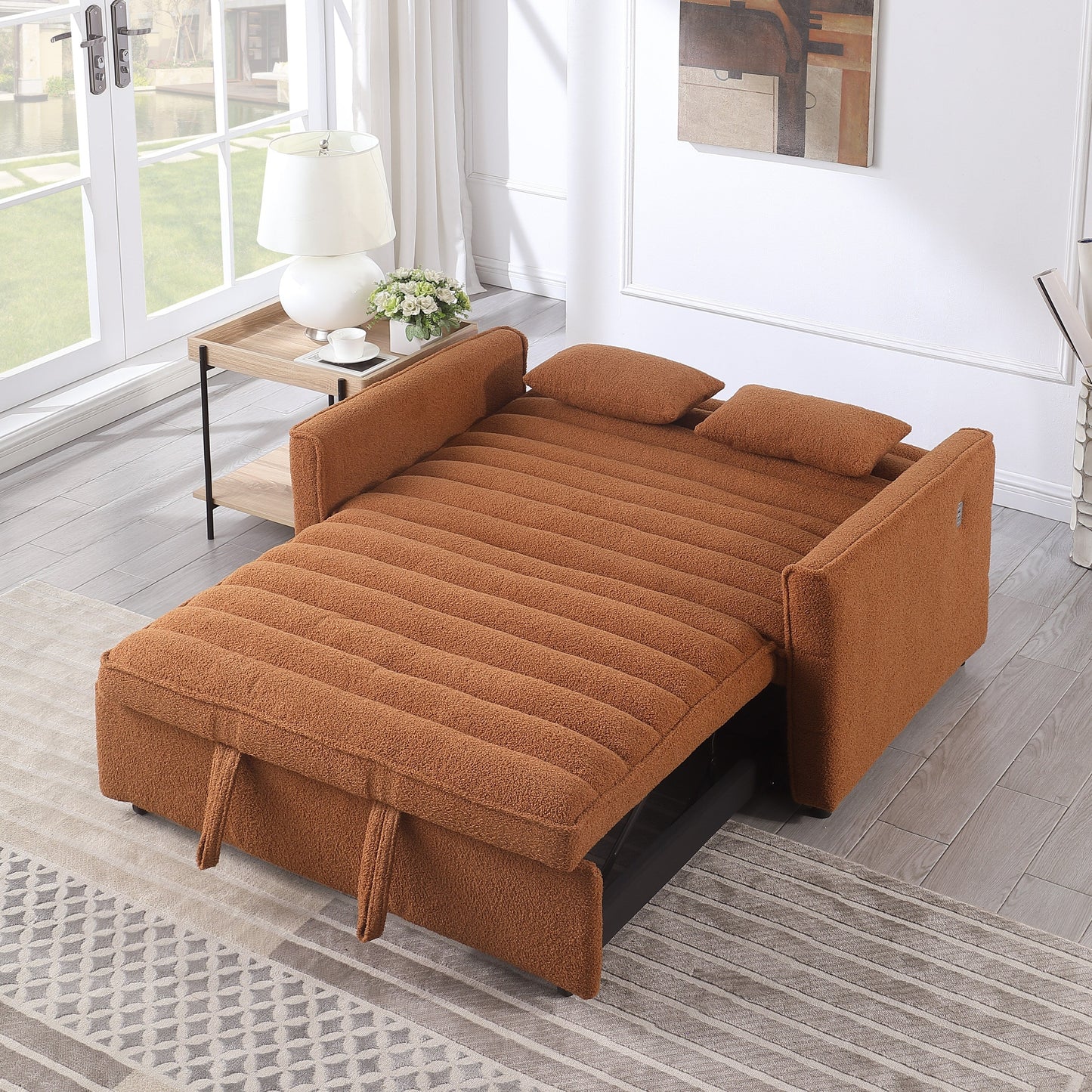 Light Brown Boucle Loveseat Convertible Pull-Out Sofa Bed