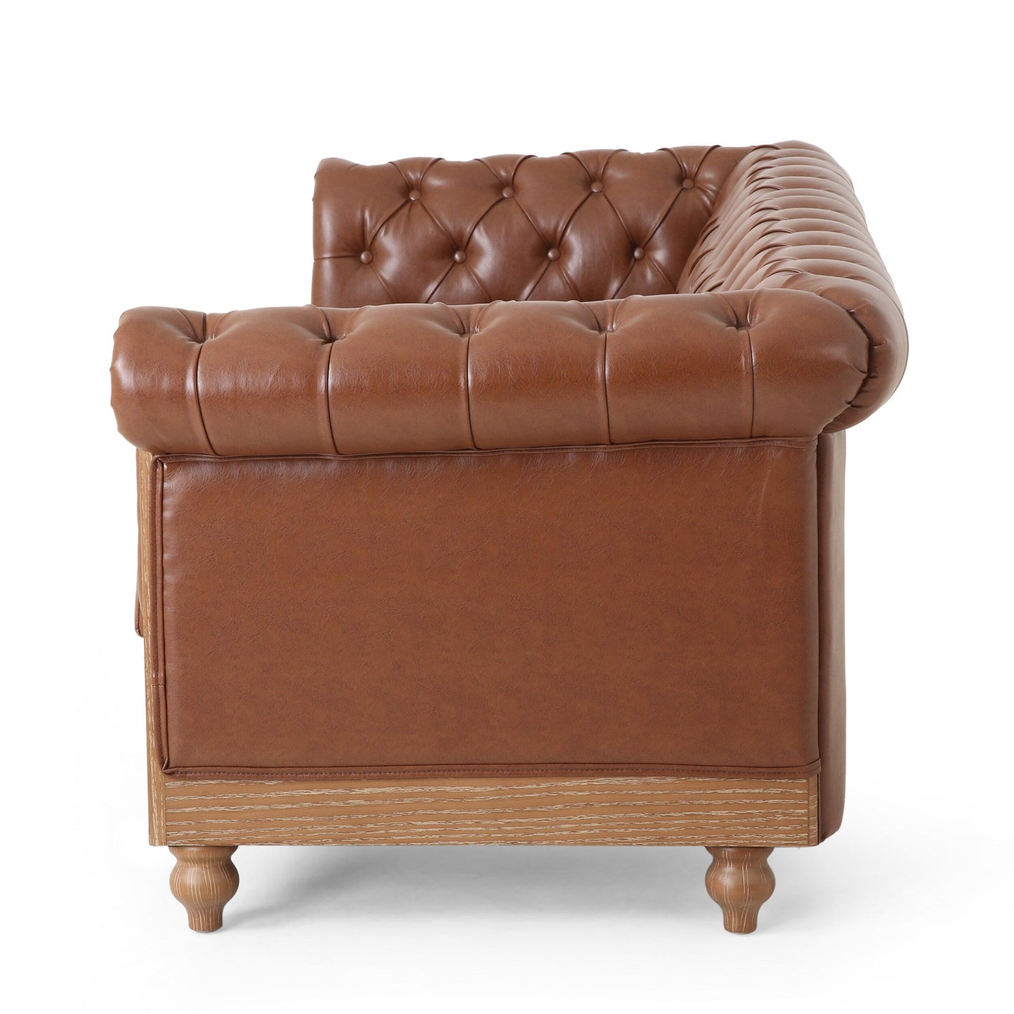 Light Brown Chesterfield 78.75 Faux Leather 3-seater Sofa with Wood Legs and Nailheads for Living Room