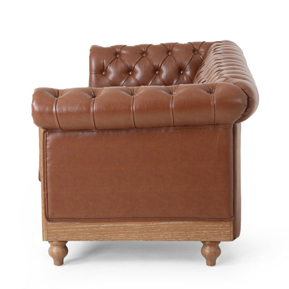 Light Brown Chesterfield 78.75 Faux Leather 3-seater Sofa with Wood Legs and Nailheads for Living Room