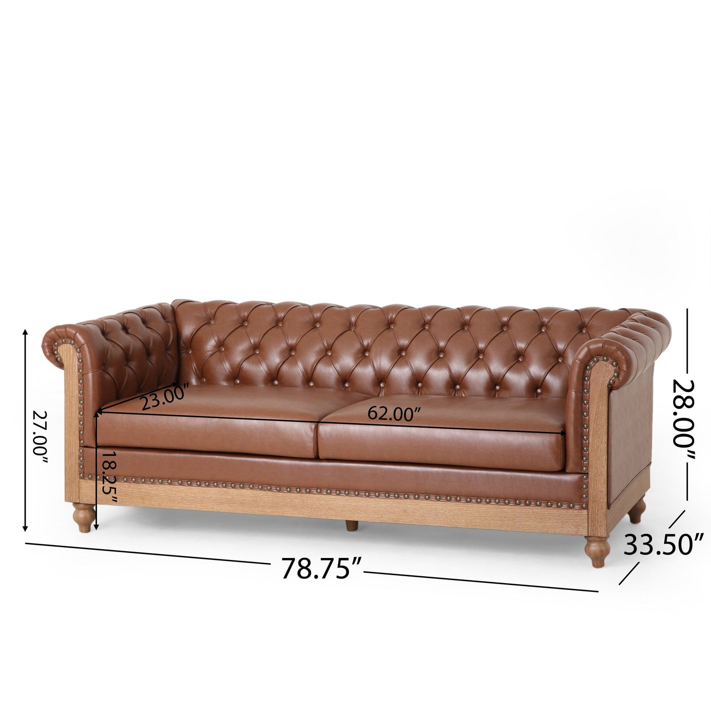 Light Brown Chesterfield 78.75 Faux Leather 3-seater Sofa with Wood Legs and Nailheads for Living Room