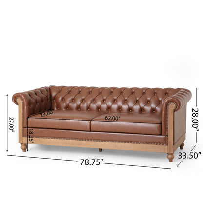 Light Brown Chesterfield 78.75 Faux Leather 3-seater Sofa with Wood Legs and Nailheads for Living Room