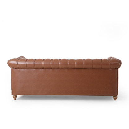 Light Brown Chesterfield 78.75 Faux Leather 3-seater Sofa with Wood Legs and Nailheads for Living Room