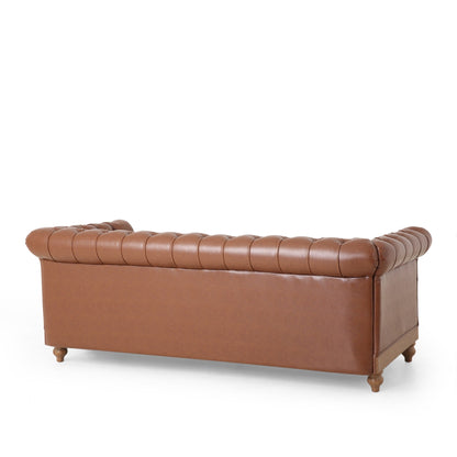 Light Brown Chesterfield 78.75 Faux Leather 3-seater Sofa with Wood Legs and Nailheads for Living Room