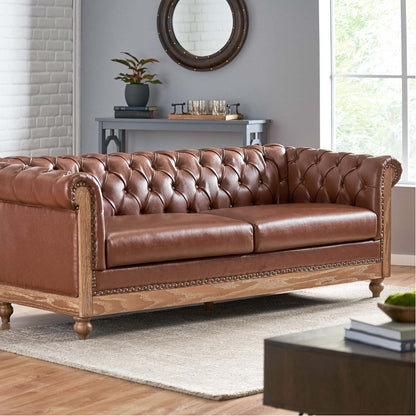 Light Brown Chesterfield 78.75 Faux Leather 3-seater Sofa with Wood Legs and Nailheads for Living Room