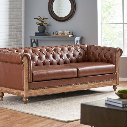 Light Brown Chesterfield 78.75 Faux Leather 3-seater Sofa with Wood Legs and Nailheads for Living Room