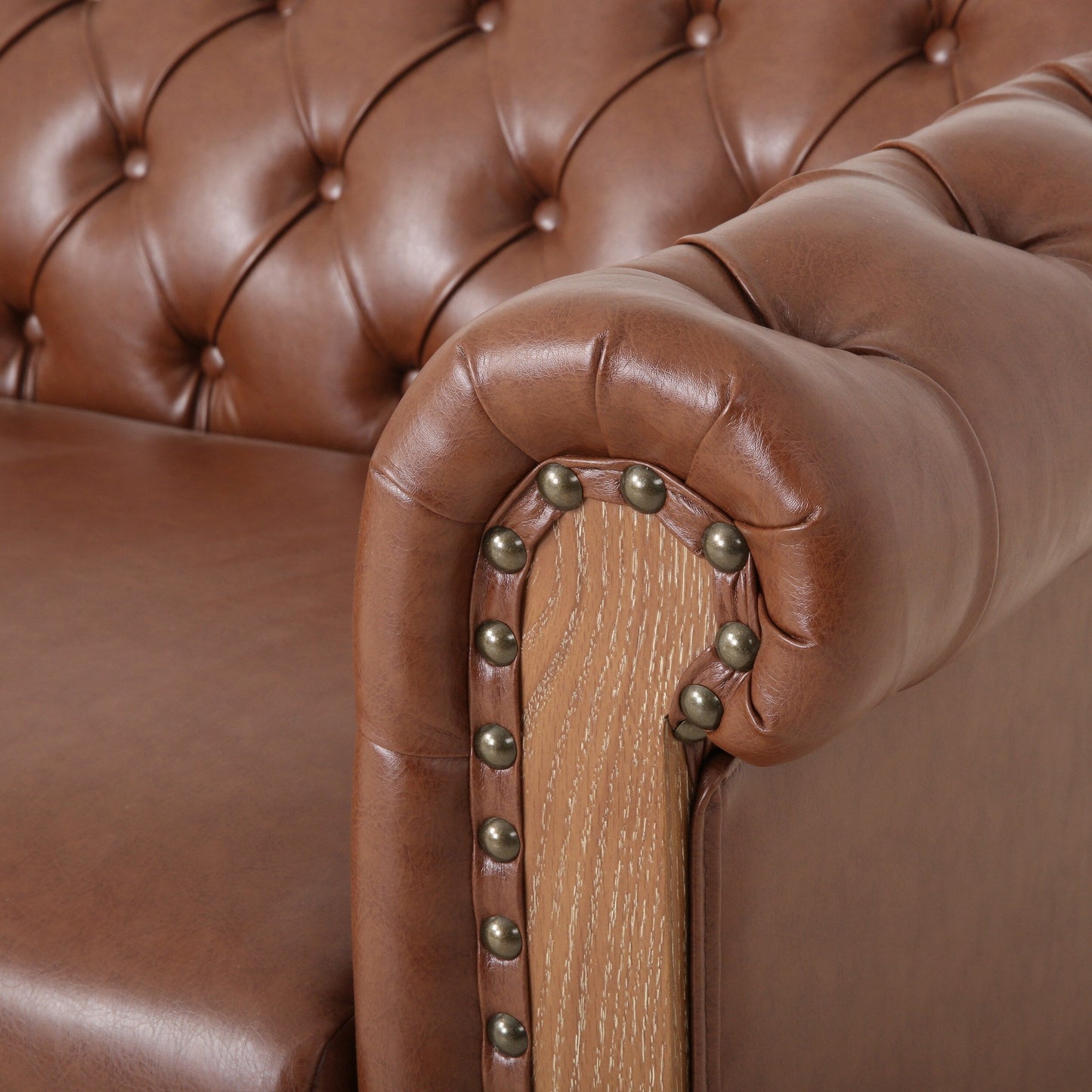 Light Brown Chesterfield 78.75 Faux Leather 3-seater Sofa with Wood Legs and Nailheads for Living Room