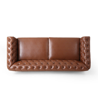 Light Brown Chesterfield 78.75 Faux Leather 3-seater Sofa with Wood Legs and Nailheads for Living Room