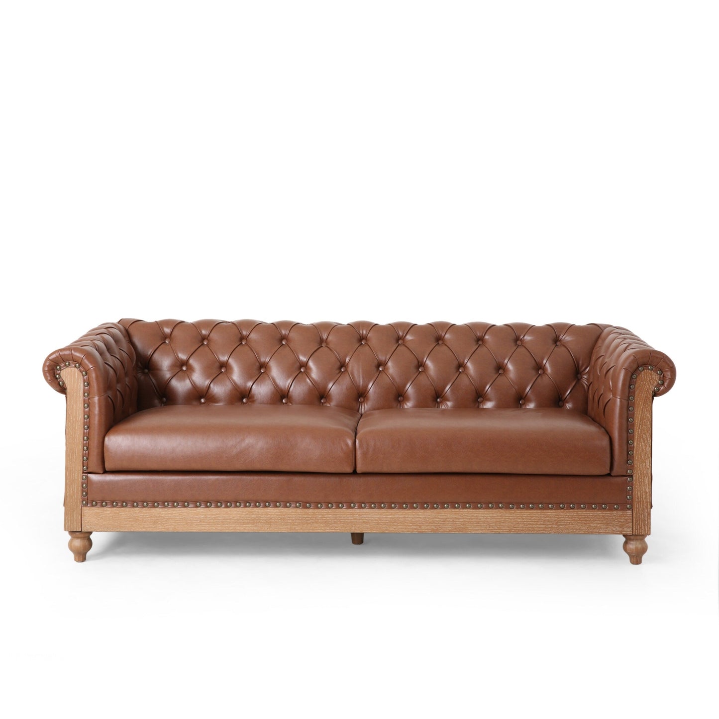 Light Brown Chesterfield 78.75 Faux Leather 3-seater Sofa with Wood Legs and Nailheads for Living Room