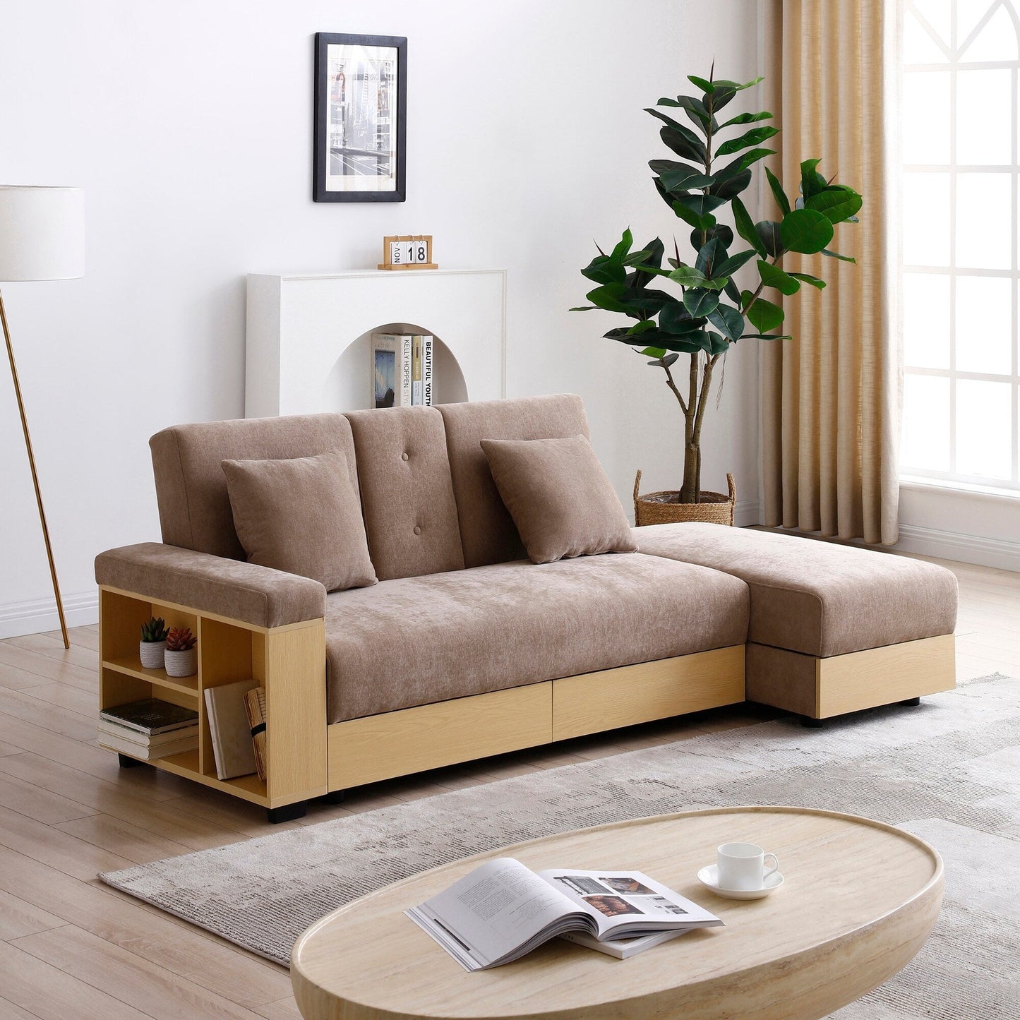 Light Brown Cotton Linen Convertible Sleeper Sofa with Storage