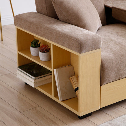 Light Brown Cotton Linen Convertible Sleeper Sofa with Storage