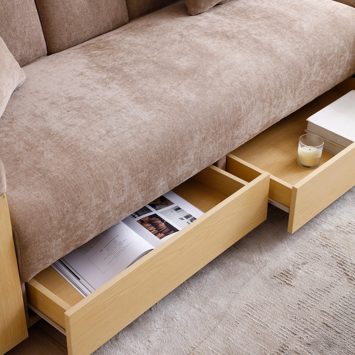 Light Brown Cotton Linen Convertible Sleeper Sofa with Storage