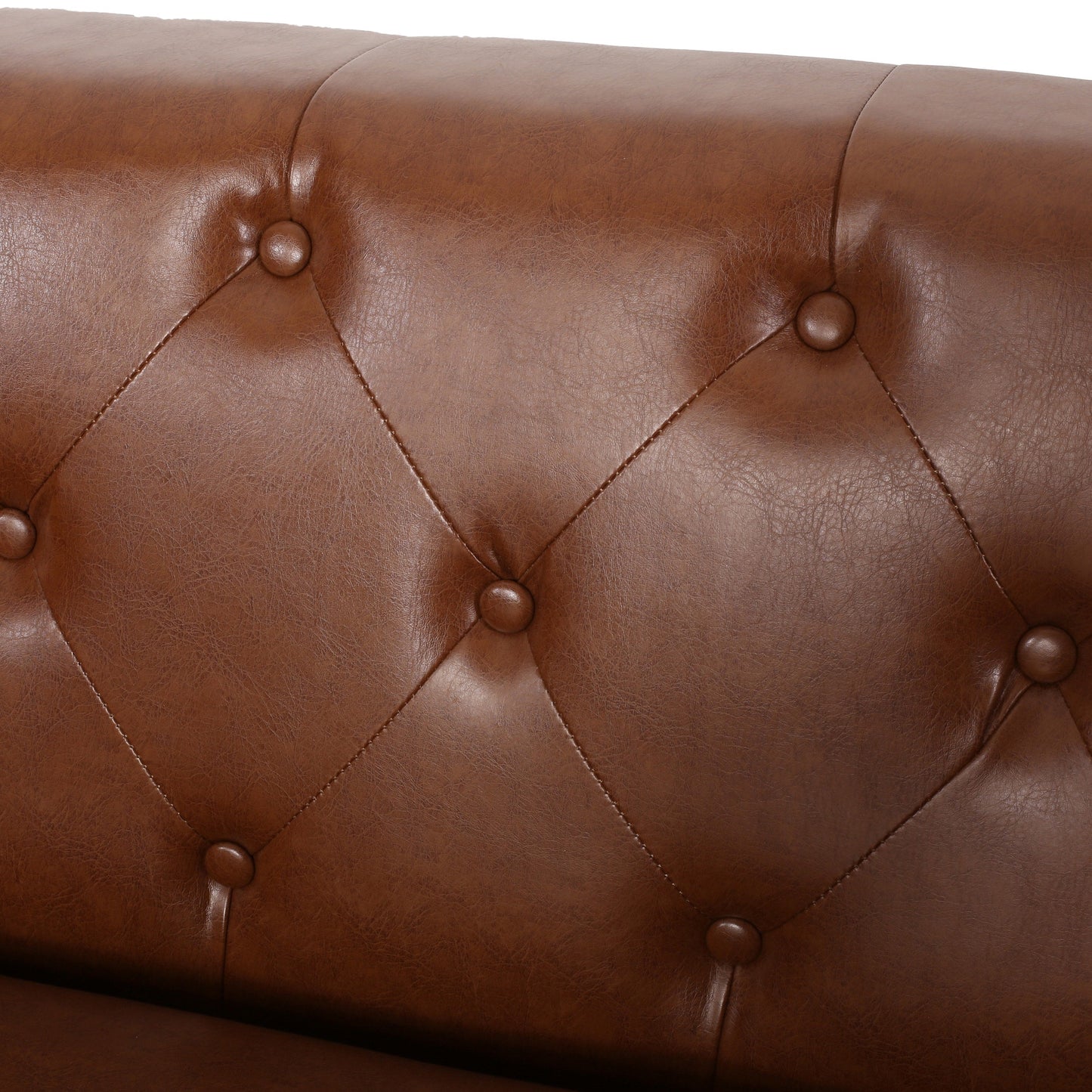 Light Brown Faux Leather Button Tufted 3-seater Sofa with Birch Wood Legs