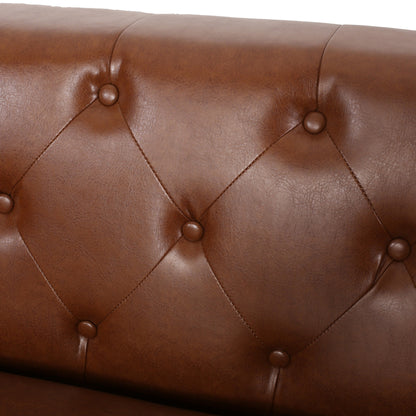 Light Brown Faux Leather Button Tufted 3-seater Sofa with Birch Wood Legs