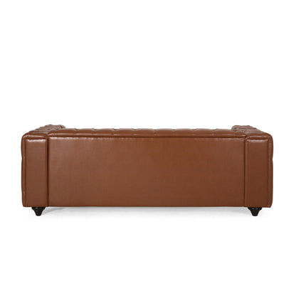 Light Brown Faux Leather Button Tufted 3-seater Sofa with Wood Legs