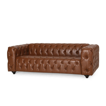 Light Brown Faux Leather Button Tufted 3-seater Sofa with Wood Legs
