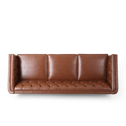 Light Brown Faux Leather Button Tufted 3-seater Sofa with Wood Legs