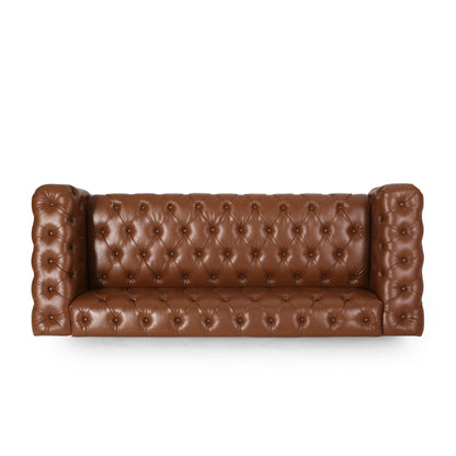 Light Brown Faux Leather Button Tufted 3-seater Sofa with Wood Legs