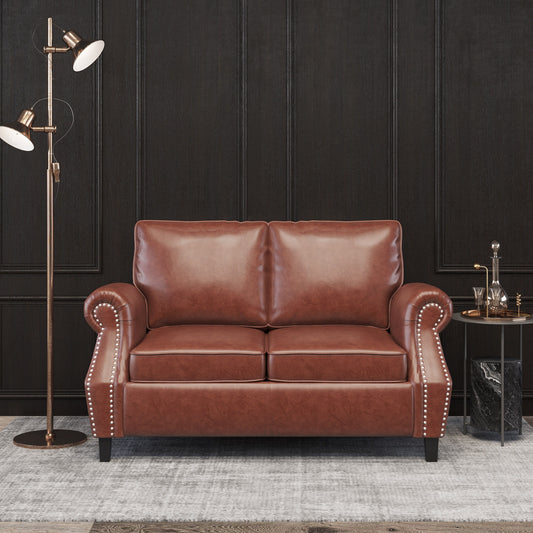Light Brown Faux Leather Loveseat Sofa with Birch Wood Legs and Nailheads