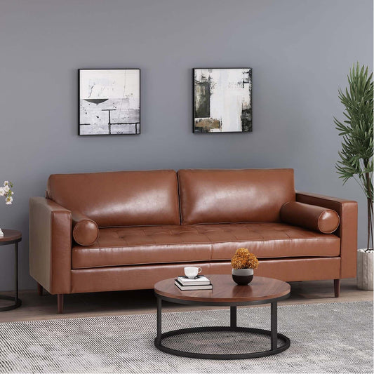 Light Brown Modern 82.25 Faux Leather 3-seater Sofa with Wood Legs for Living Room